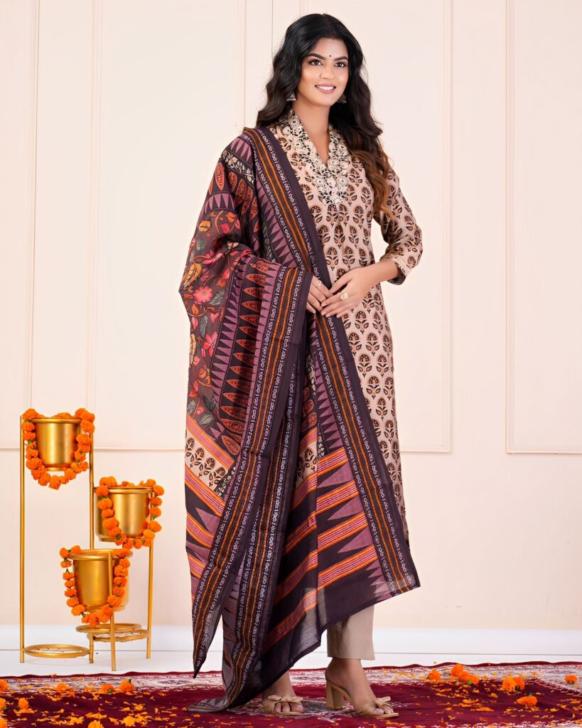 Womens Embroidery Muslin Silk Kurti Pant with Dupatta main image 1